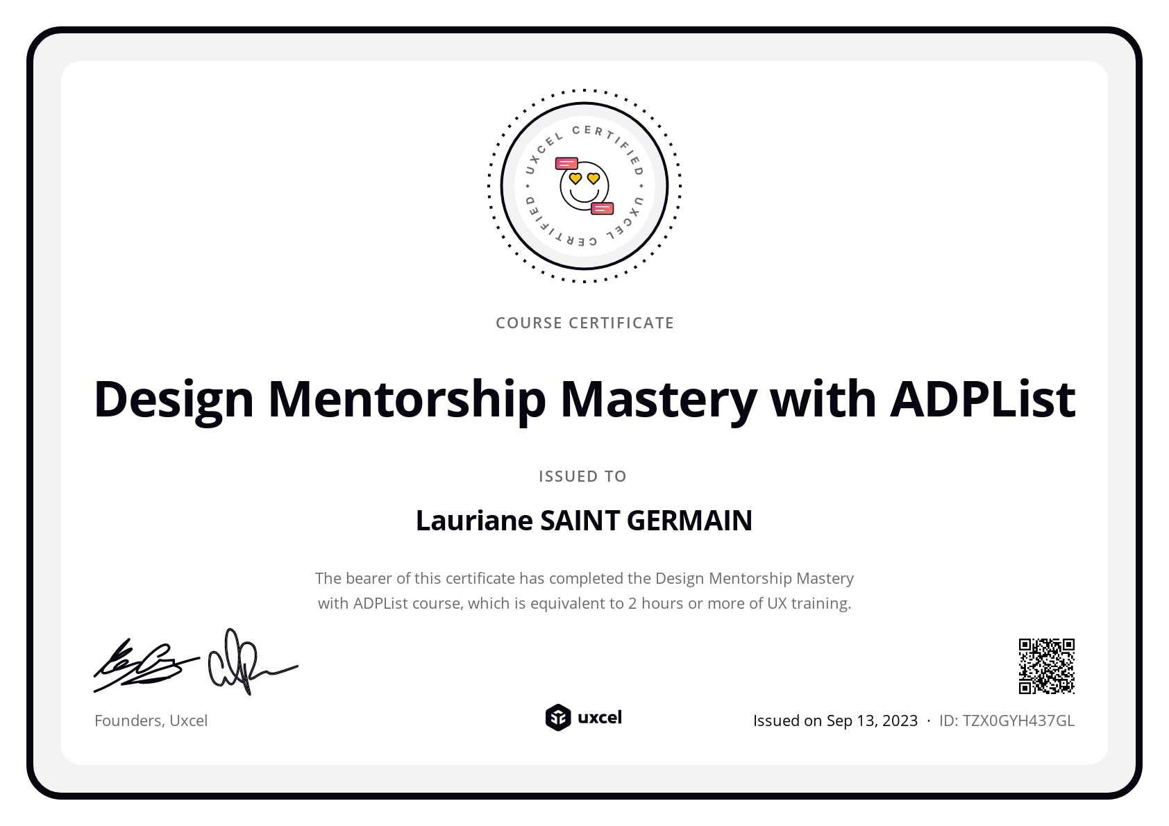 Lauriane SAINT GERMAIN's certificate